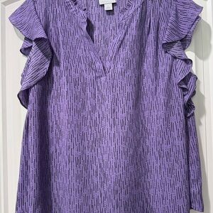 Liz Claiborne Purple Patterned Ruffle Sleeve Blouse